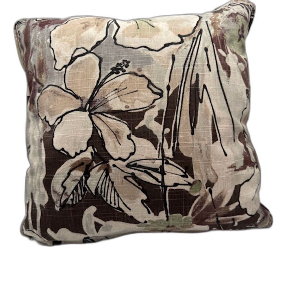 Flexsteel Floral Square Throw Pillow Black Tan Feather Fill NWT 17x17 Accent